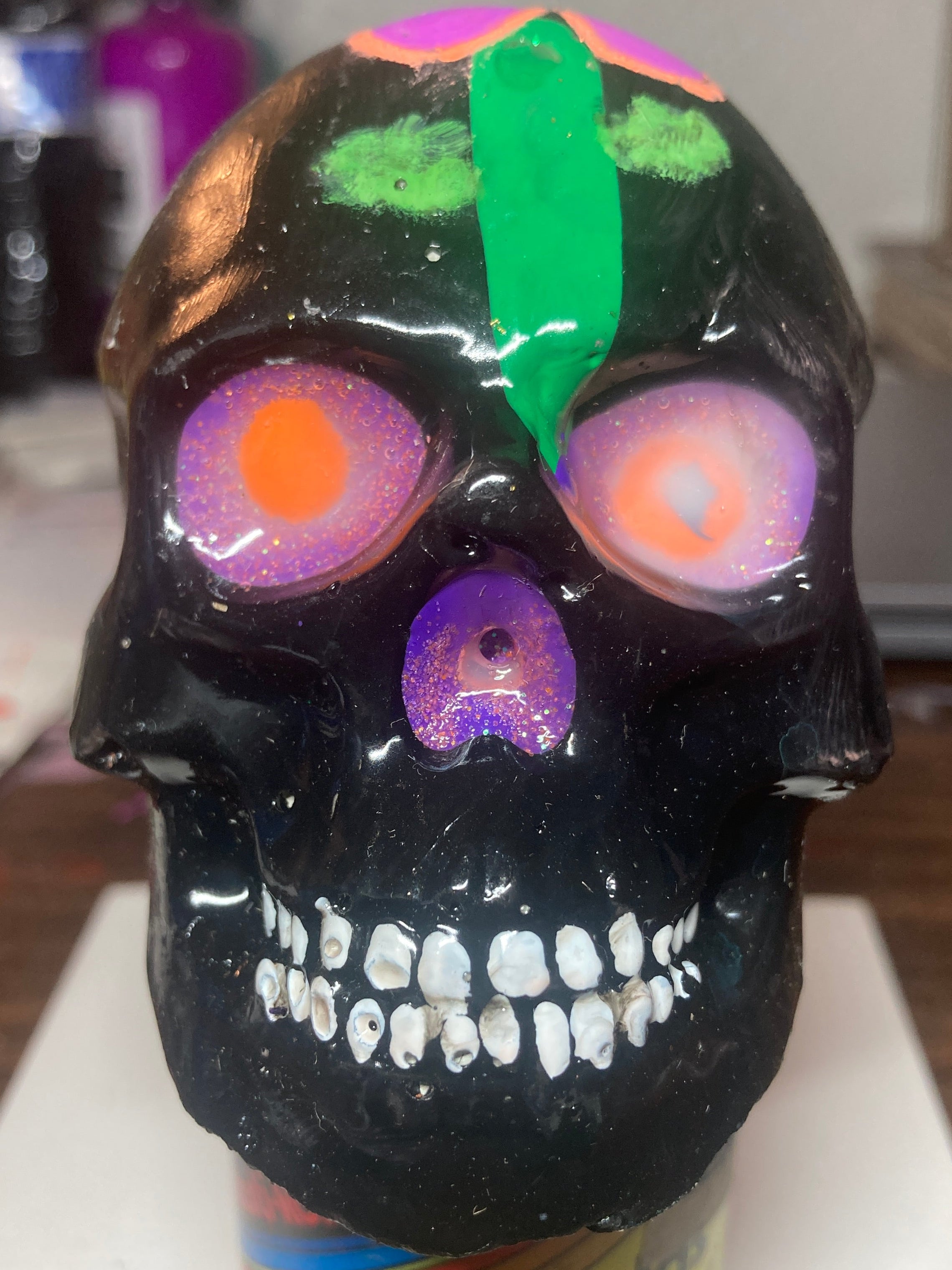 Gloss Black Concrete Skull Sculpture S3