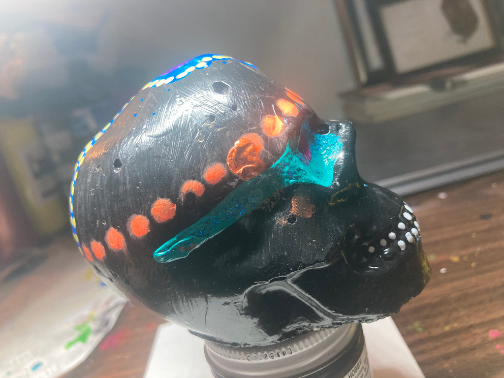 Gloss Black Concrete Skull Sculpture S9