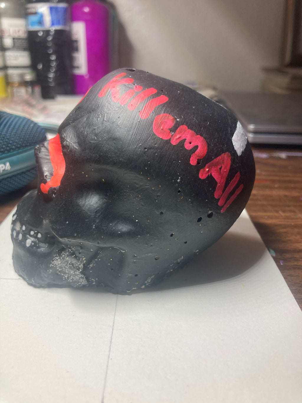 Gloss Black Concrete Skull Sculpture S1