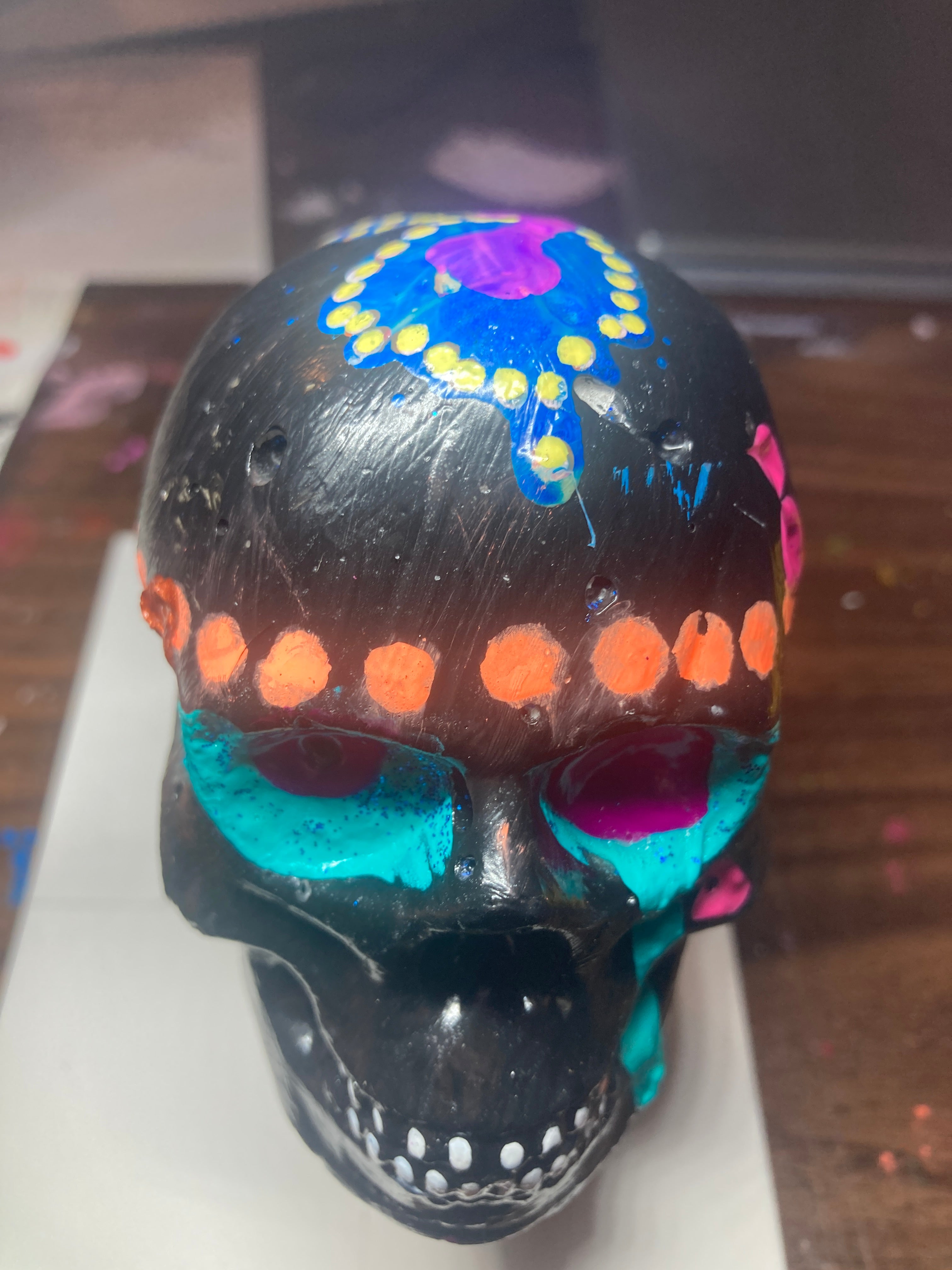 Gloss Black Concrete Skull Sculpture S9