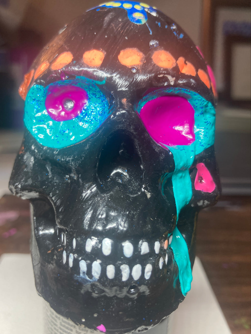 Gloss Black Concrete Skull Sculpture S9