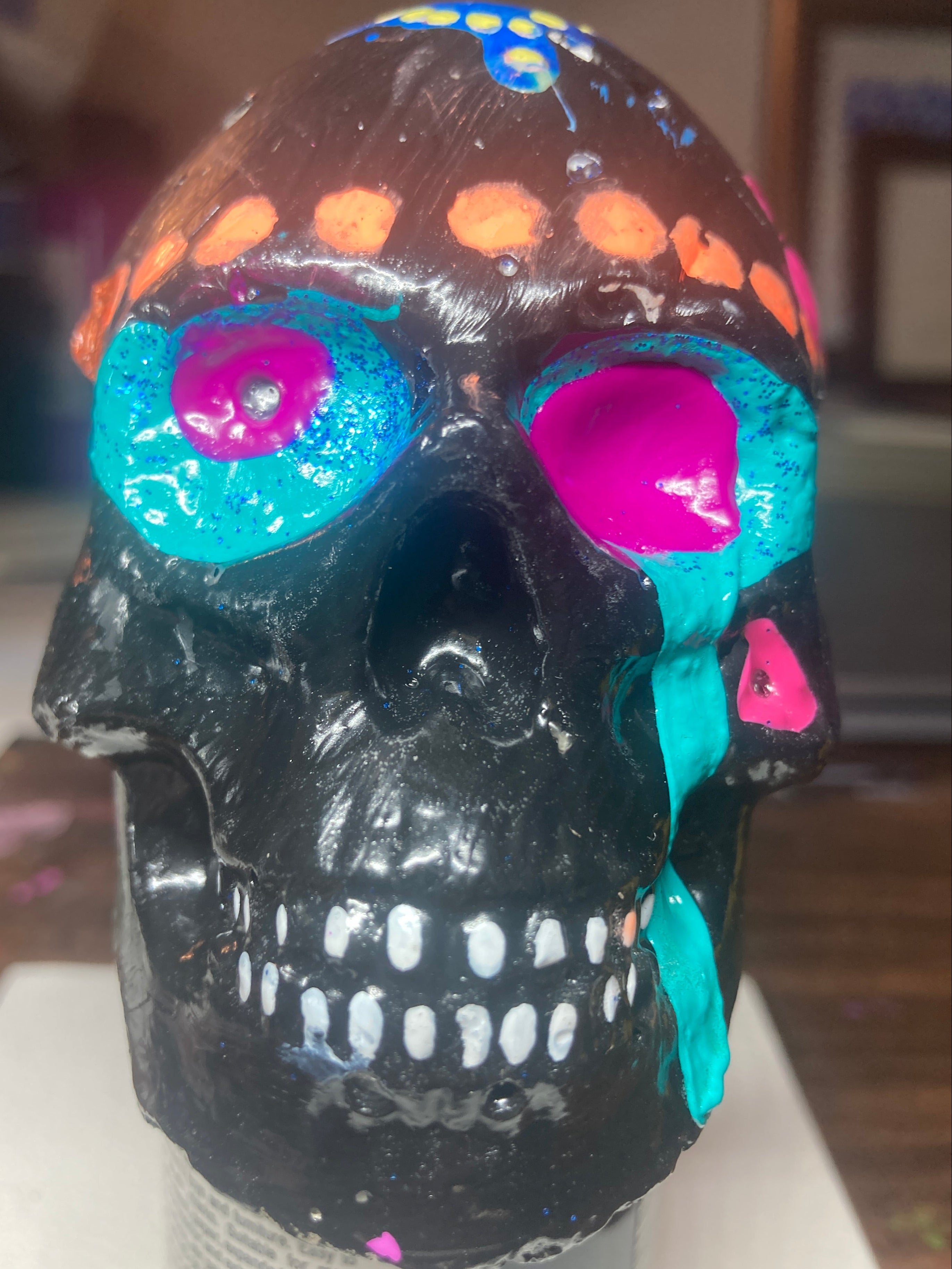 Gloss Black Concrete Skull Sculpture S9