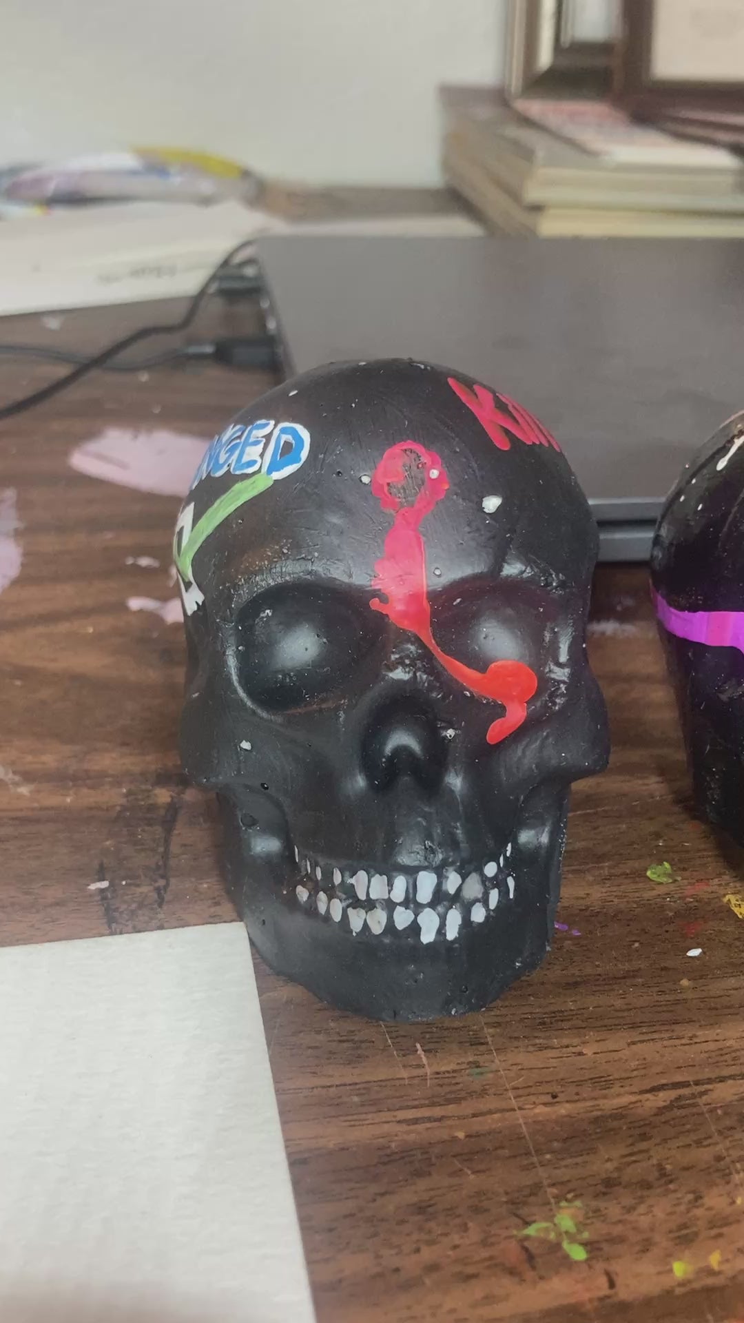 Gloss Black Concrete Skull Sculpture S1