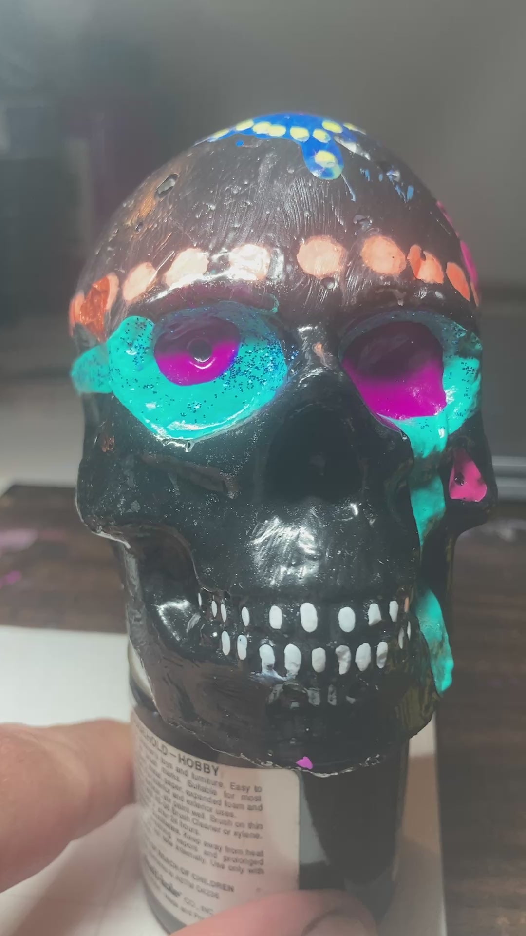 Gloss Black Concrete Skull Sculpture S9